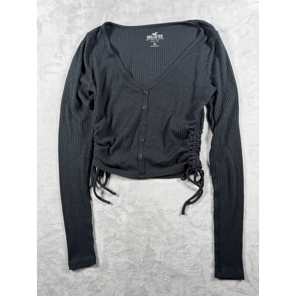 Hollister Must-Have Ribbed Crop Top Small Black Ruched Side Tie Button Front Y2K